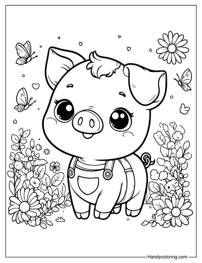 Pig in The Flower Garden Coloring Page