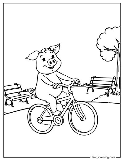 Pig Riding a Bicycle in the Park Coloring Page