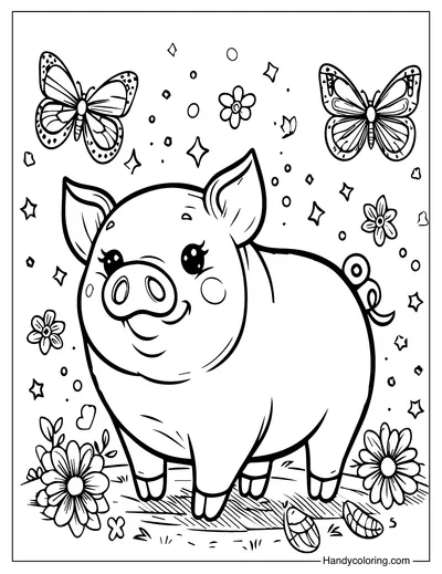 Pig with Butterflies Coloring Sheet