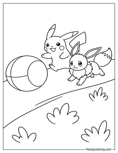 Pikachu and Eevee Playing with a Ball