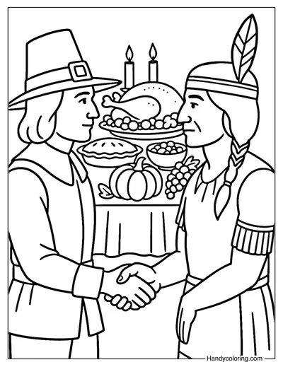Pilgrim and Native American Friendship Coloring Page