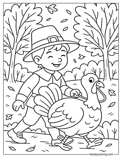 Pilgrim Boy and Turkey Coloring Page
