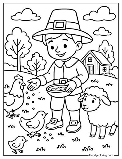 Pilgrim Boy Feeding Animals Coloring Page