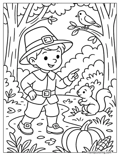 Pilgrim Boy in Forest Coloring Page