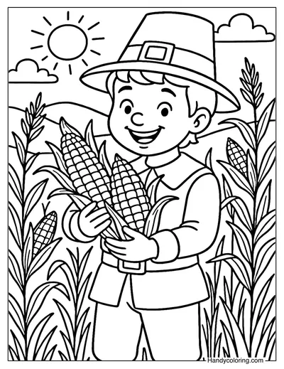 Pilgrim Boy with Corn Stalks Coloring Page