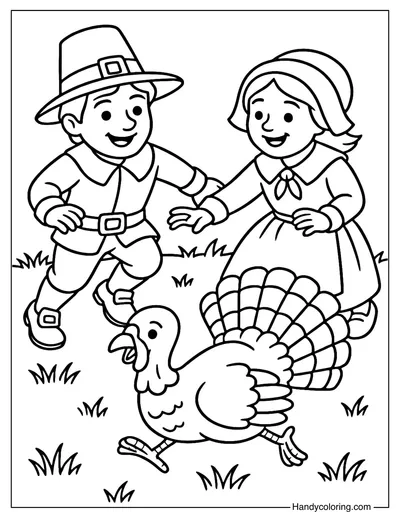Pilgrim Children and Turkey Game Coloring Page