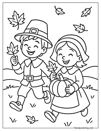 Pilgrim Children Playing Outside Coloring Page