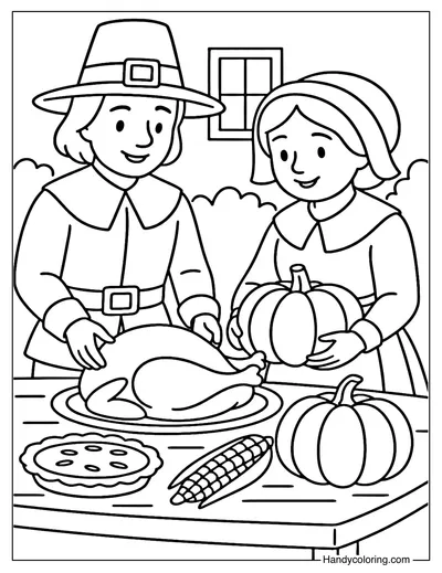Pilgrim Couple Thanksgiving Feast Coloring Page