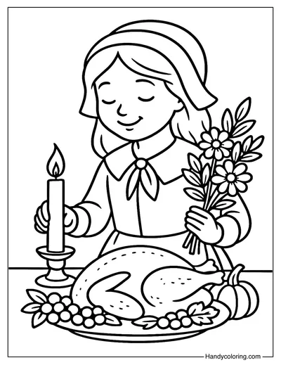 Pilgrim Girl Decorating Table Coloring Page