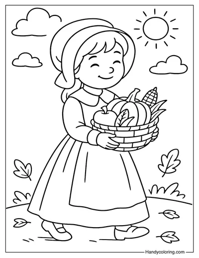 Pilgrim Girl Harvest Basket Coloring Page