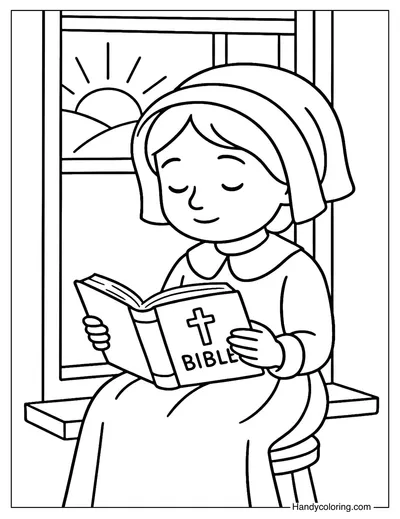 Pilgrim Girl Reading Bible Coloring Page