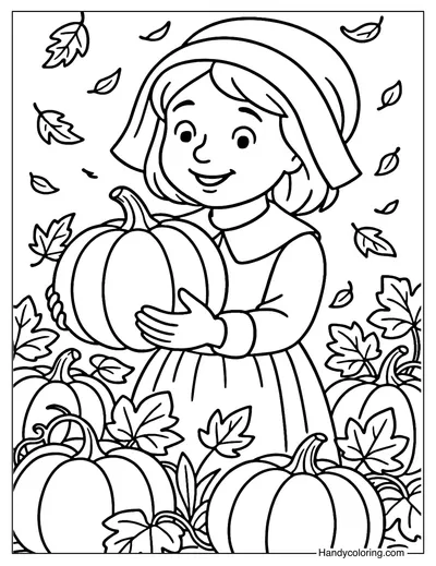 Pilgrim Girl with Pumpkin Patch Coloring Page