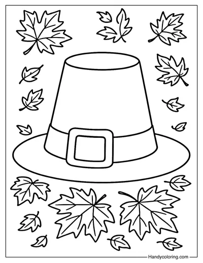 Pilgrim Hat and Autumn Leaves Coloring Page