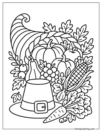 Pilgrim Hat with Cornucopia Coloring Page