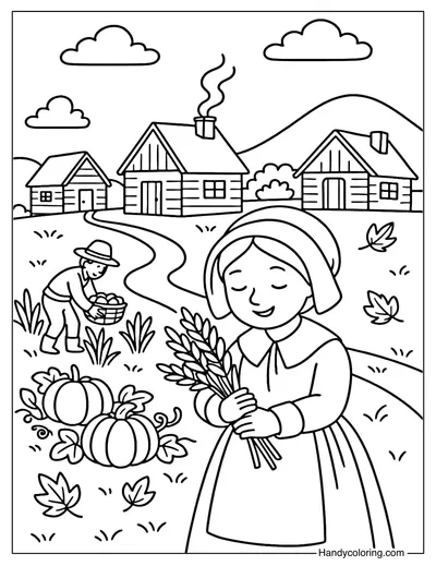 Pilgrim Village Scene Coloring Page