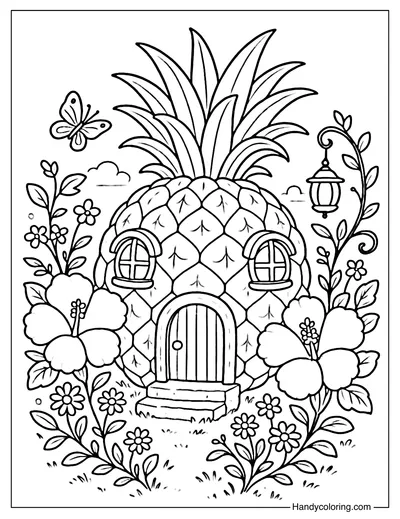 Pineapple Flower Garden House Coloring Page
