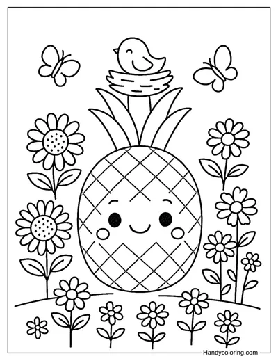 Pineapple in the Flower Field Coloring Page