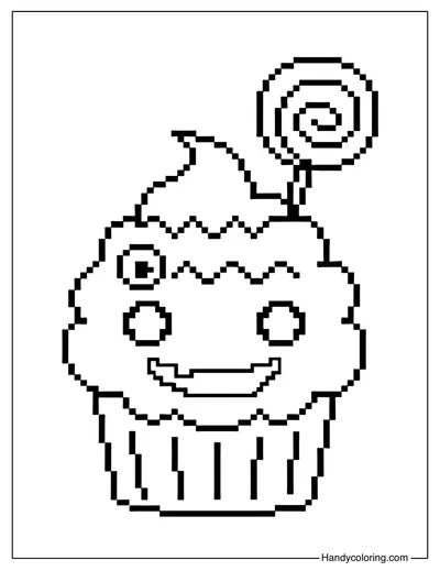 Pixel Cupcake Monster Coloring Page