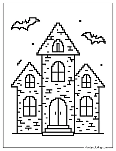 Pixel Haunted House Coloring Page