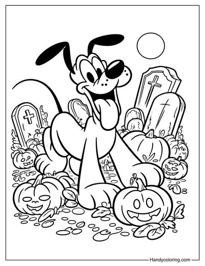 Pluto with Spooky Pumpkins Coloring Page