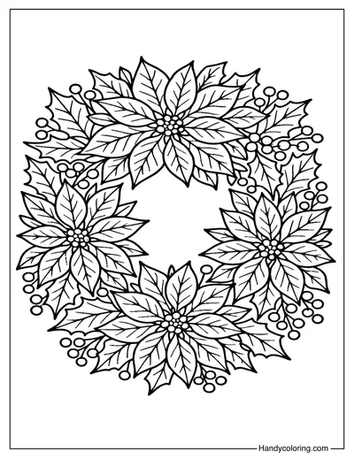 Poinsettia Floral Christmas Wreath Coloring Page
