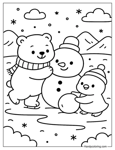 Polar Bear and Penguin Friends Coloring Page