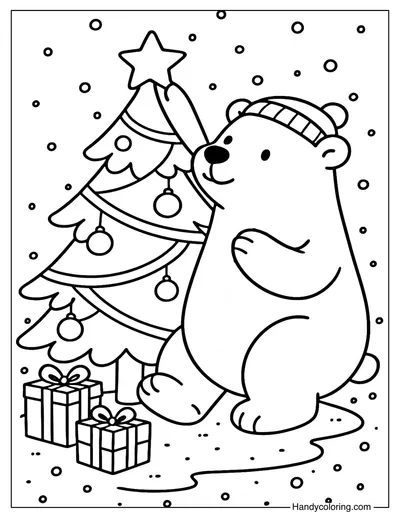 Polar Bear Decorating Christmas Tree Coloring Page