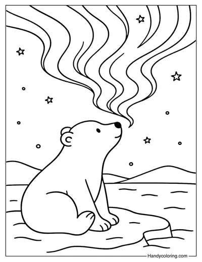 Polar Bear Under Aurora Coloring Page