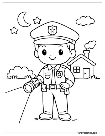 Police Officer Using Flashlight at Night