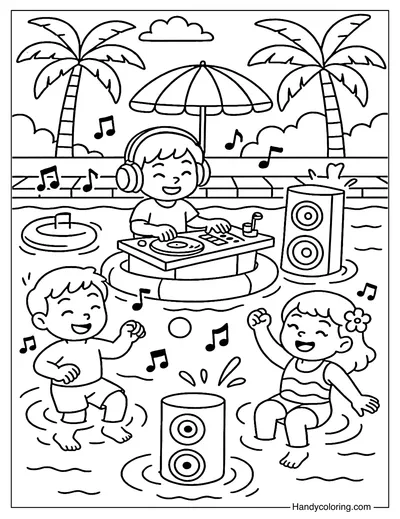 Pool DJ Party Coloring Page
