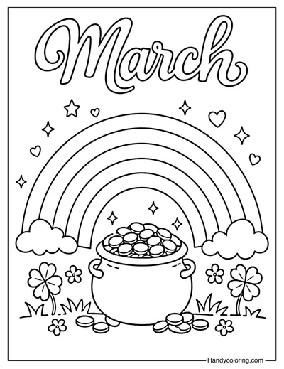 Pot of Gold and Rainbow March Coloring Page