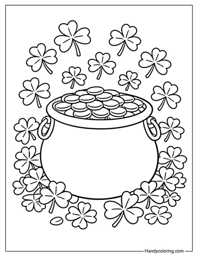 Pot of Gold and Shamrocks Coloring Page