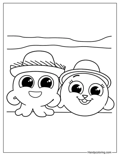 Pow and Bunny with Straw Hats Coloring Page