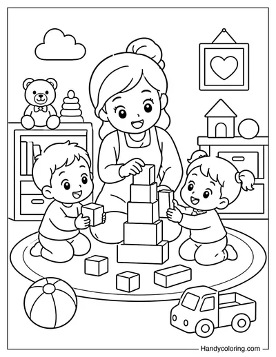 Preschool Teacher Building Blocks with Kids