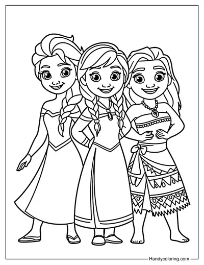 Princess Elsa, Anna, and Moana