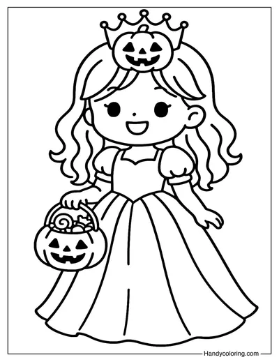 Princess Halloween Trick or Treat Coloring Page
