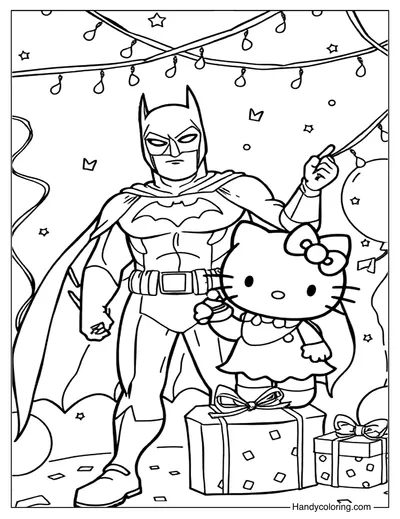 Printable Hello Kitty and Batman at Party Color Page
