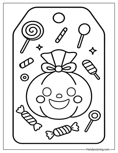 Pumpkin and Candy Swirl Tag Coloring Page