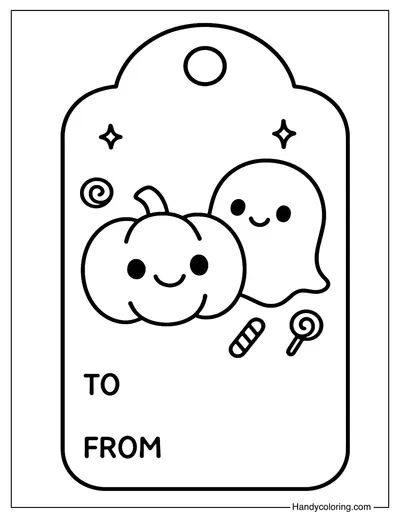 Pumpkin and Ghost Candy Tag Coloring Page