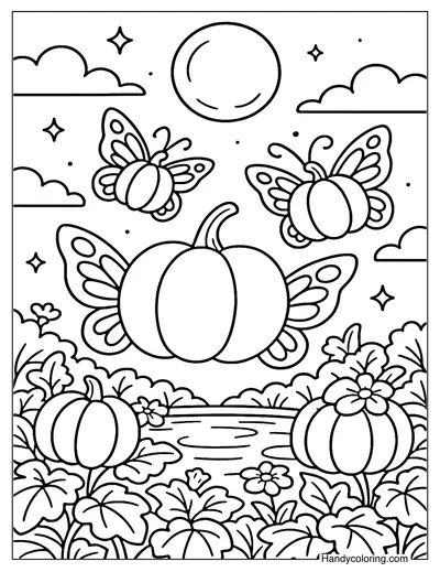 Pumpkin Butterfly Garden Coloring Page