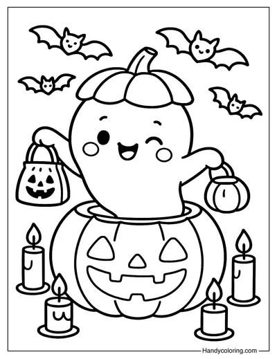 Pumpkin Ghost Trick or Treat Coloring Page