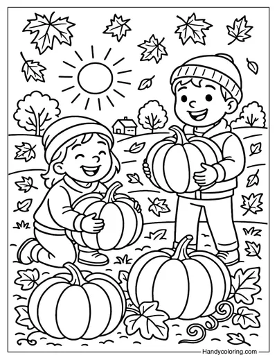 Pumpkin Harvest with Kids Coloring Page