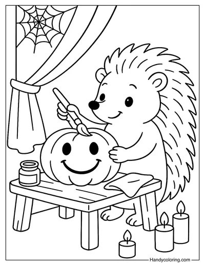 Pumpkin Painter Hedgehog Coloring Page