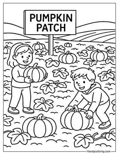 Pumpkin Patch with Kids Coloring Page