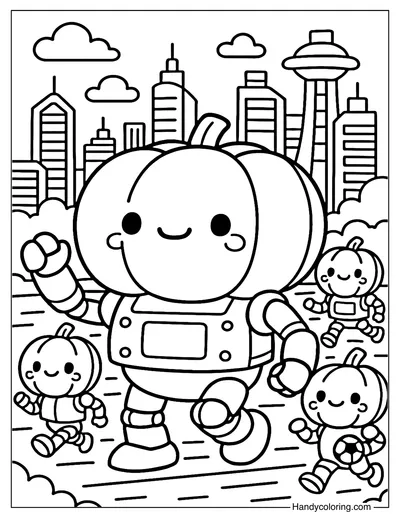 Pumpkin Robot Parade Coloring Page