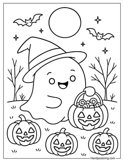 Pumpkin Trick or Treat Ghost Coloring Page
