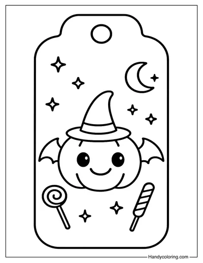 Pumpkin with Bat Wings Candy Tag Coloring Page