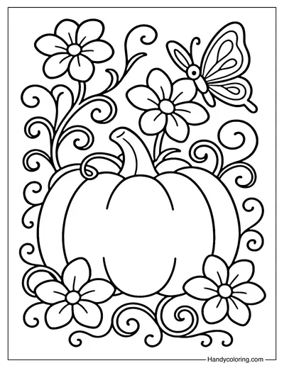 Pumpkin with Blooming Vines Coloring Page