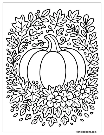 Pumpkin with Fall Leaves Coloring Page
