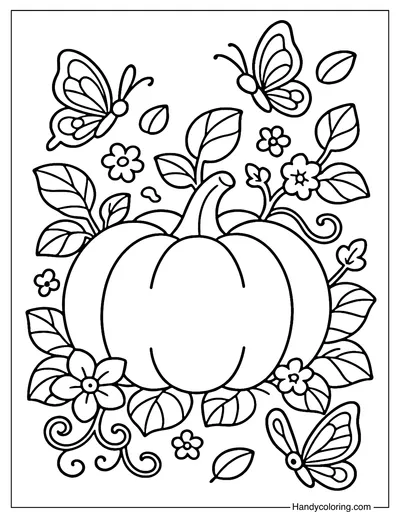 Pumpkin with Leaves Coloring Page